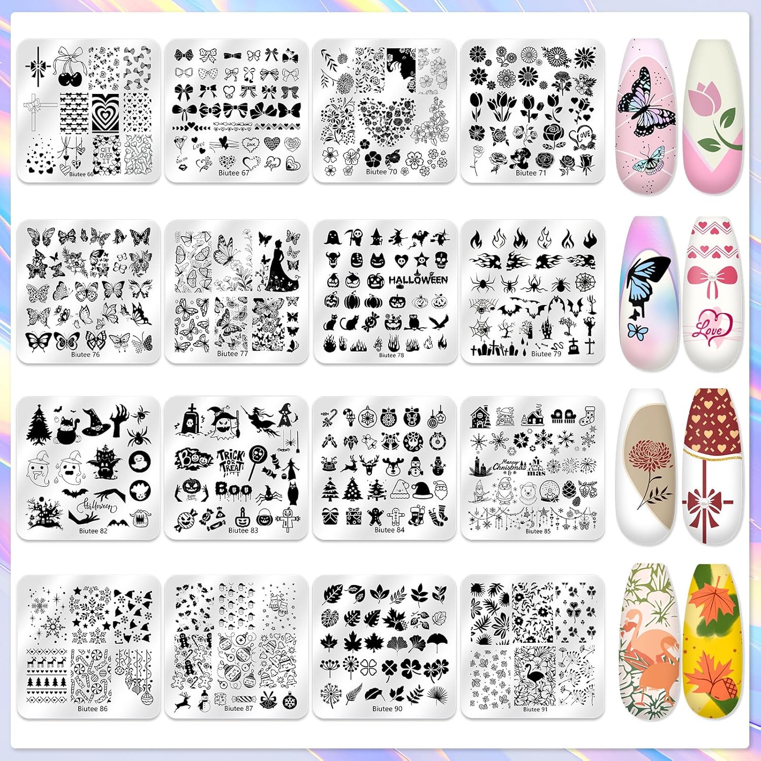 Biutee Nail Stamper Kit 16Pcs Nail Art Stamping Plate 8 Colors Stamp Polish Gel Silicone Stamper Scraper with Storage Bag, Nail Stamp Plates Love Flower Butterfly Leaf Template Halloween Design Gift-BrightBean Baby