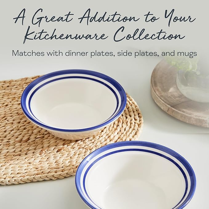 Portmeirion Potter's Stripe Oatmeal Bowl (Set of 4) - Ideal for Porridge, Soup, Desserts - Microwave & Dishwasher Safe Earthenware Bowls, Durable Dishware Collection - Made in UK (Blue Stripe)