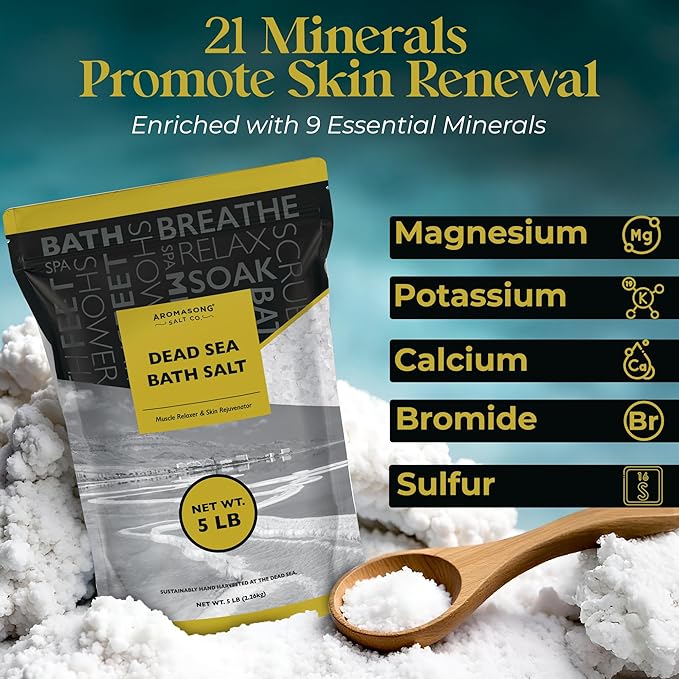 Aromasong Dead Sea Bath Salt - 100% Pure & Natural Dead Sea Salts for Soaking Fine Grain 5 LB - Bulk Resealable Pack (Packaging May Vary) Used for Body wash Scrub - Soak for Women & Men.-BrightBean Baby