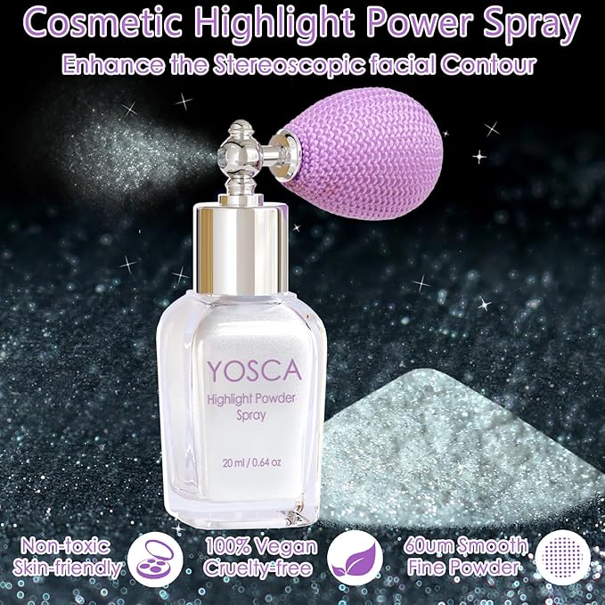 Yosca Highlighter Powder Spray, 20ML Cosmetic Grade Shimmer Powder Diamond Glitter Spray Sparkle Highlighter Makeup Festival Concert Accessorise for Rave Clothes Hair Face Nail Art - Silver Dust-BrightBean Baby