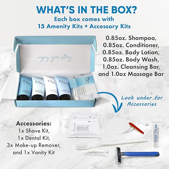 H2O Therapy Amenity & Accessory Kit | 0.85 oz Travel Size Shampoo, Conditioner, Lotion, Body Wash, Massage Bar, Cleansing Bar, Shave & Dental Sets, Make-Up Remover Wipes, & Vanity Kit | 15 sets/case-BrightBean Baby