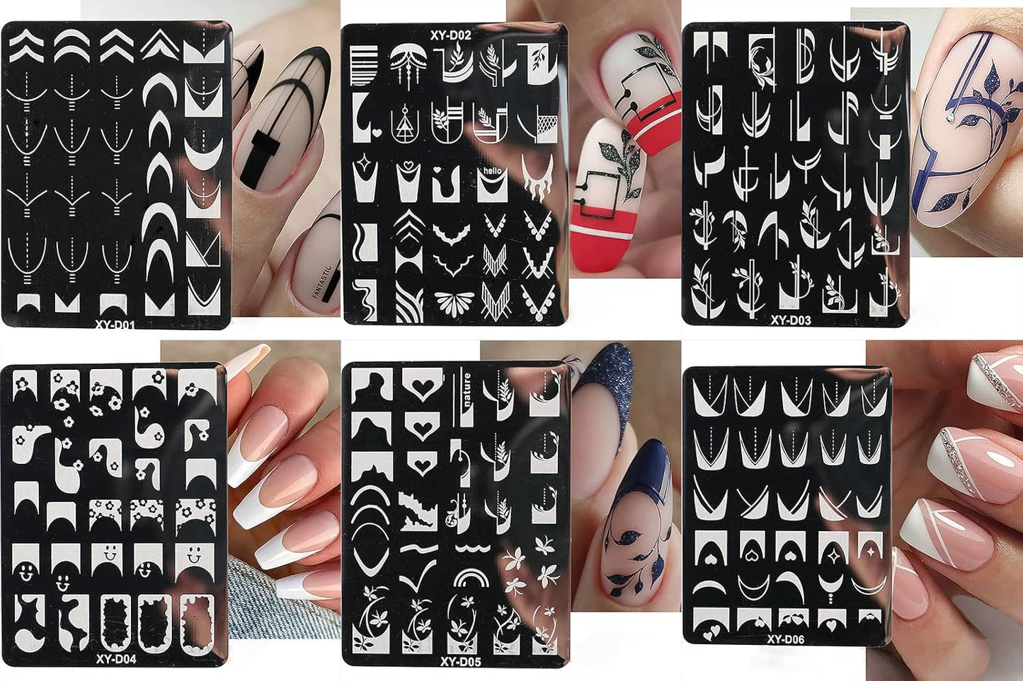 6Pcs Nail Art Stamping Templates Set with French Line Flowers Leaves Smiley Heart Design Art Stamping Kits DIY Printing Tools Fashion Art Decoration for Women and Girls-BrightBean Baby