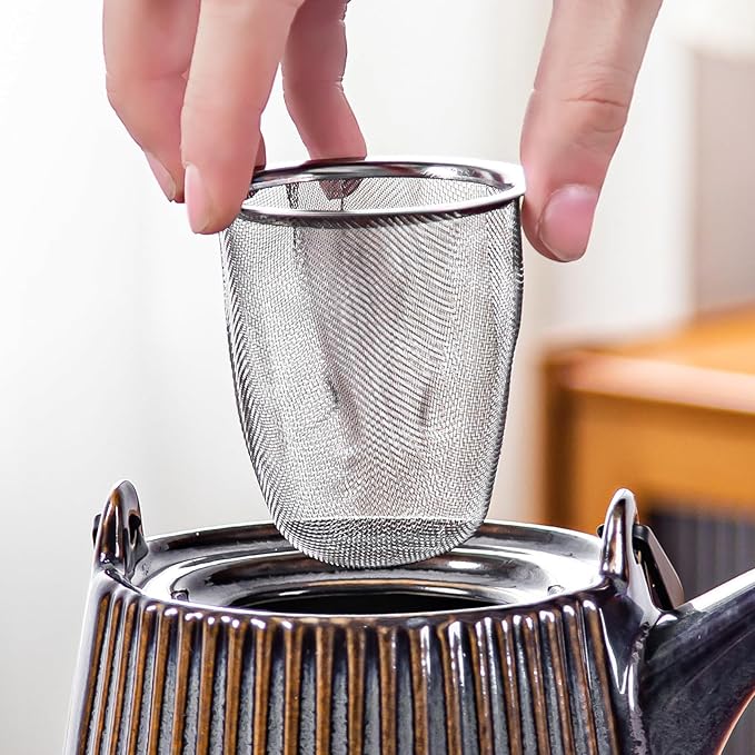 Yundu Brown Ceramic Teapots, 1000ml/33.8oz Tea Kettle, Enough for 4 Cups, Tea pot with infusers for loose tea, Striped Tea Pot with Removable Tea infuser