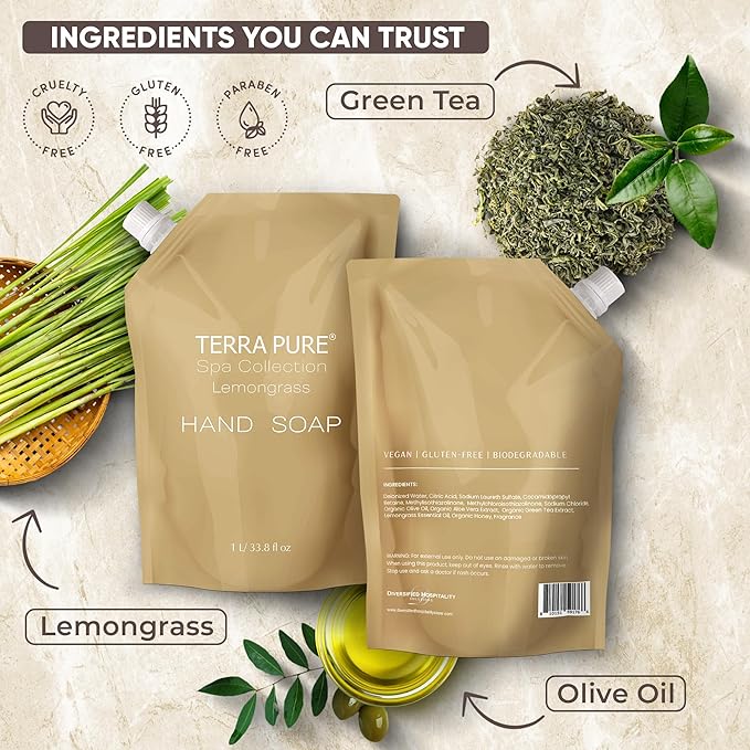 Terra Pure Spa Collection 1 Liter Hand Wash Refill Bag For Soap Dispensers | Bulk Toiletries for Vacation Rentals, and Home Bathroom Showers | Green Tea Lemongrass | Single-BrightBean Baby