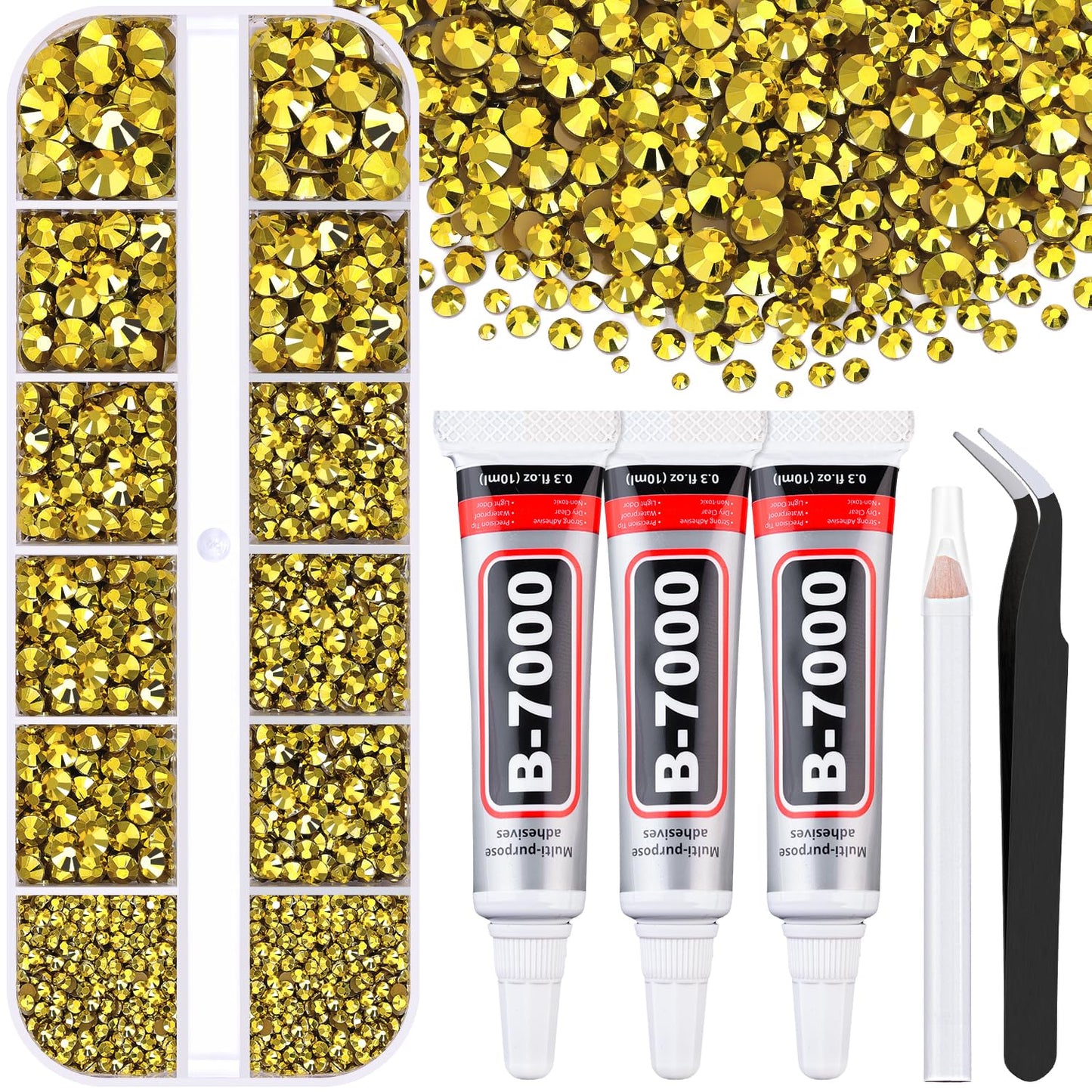 Resin Rhinestones for Crafting with B7000 Jewelry Glue, 1 Box Bright Gold Flatback Crystals with 3Pcs 10ml Glue for Bedazzling Crafts DIY Nail Art Makeup，Non Hotfix Gems for Clothing Shoes-BrightBean Baby