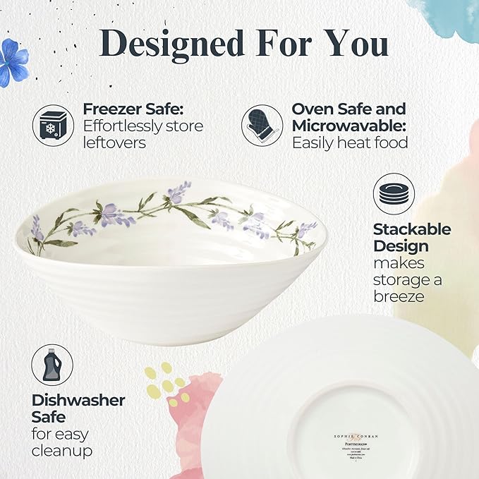Portmeirion Sophie Conran Lavandula Cereal Bowl - 7.5 Inch Porcelain Soup & Ice Cream Bowls with Lavender Spring Design, Ripple Texture, Freezer to Oven Safe Dinnerware Collection