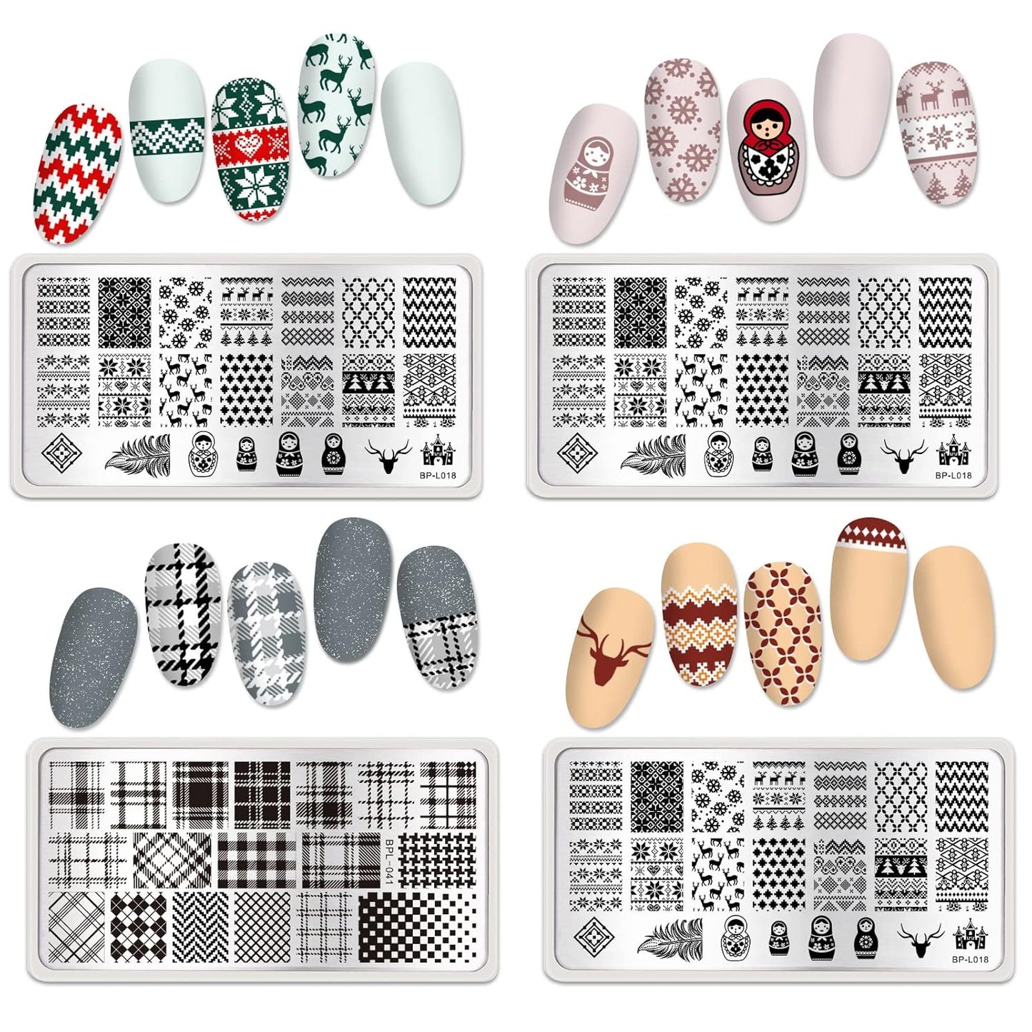 Born Pretty Nail Stamping Plates Set Plaid Flowers Leaves Lace Nail Art Image Plates Spring into Winter Stamp Templates Kit Image Manicuring DIY Printing Tools 8PCS-BrightBean Baby