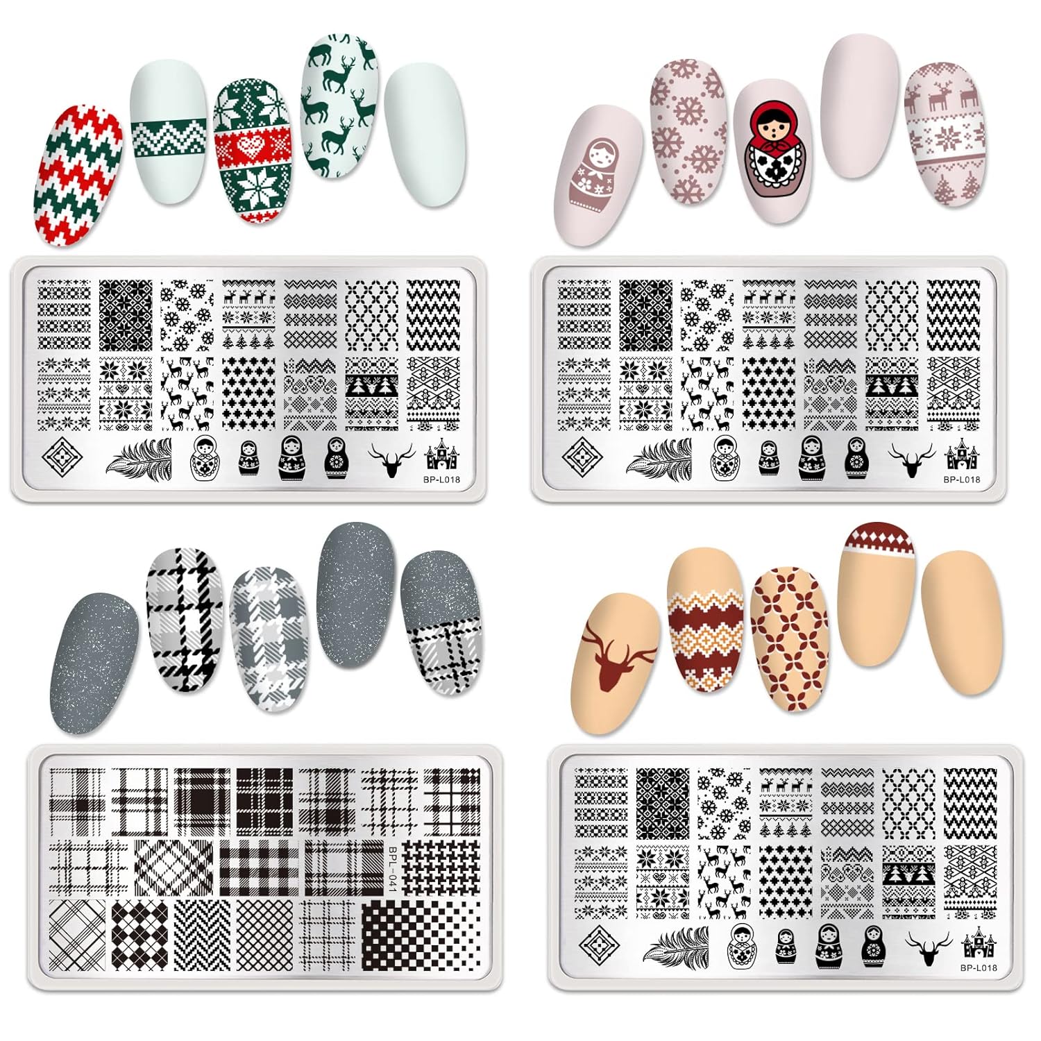 Born Pretty Nail Stamping Plates Set Plaid Flowers Leaves Lace Nail Art Image Plates Spring into Winter Stamp Templates Kit Image Manicuring DIY Printing Tools 8PCS-BrightBean Baby