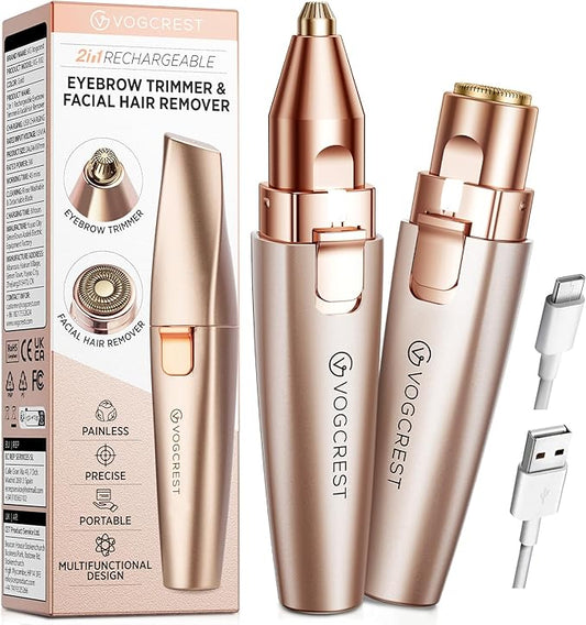 Eyebrow & Facial Trimmer: 2 in1 Rechargeable Facial Hair Removal & Eyebrow Shaver - Body Razor with Built-in LED Light (Rose Gold)-BrightBean Baby