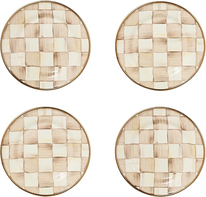 MACKENZIE-CHILDS Set of 4 Enamel Appetizer Plates, Decorative Dinnerware Plate, 5 Inches, Brown-and-White Mocha Check