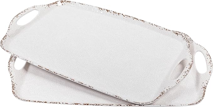 Farmhouse Melamine Serving Tray with Handles, Set of 2, 19"x12" Extra Large Rectangular Turkey Serving Platter, Serving Food Trays for Entertaining, Christmas,Thanksgiving,Party, Ivory
