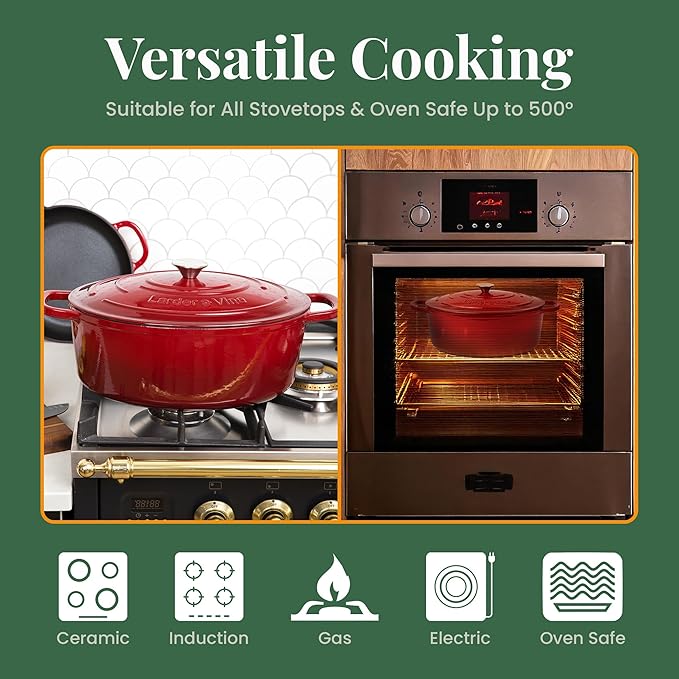 Larder & Vine Enameled Cast Iron 8 qt Dutch Oven Pot with Lid | Bread Baking | Compatible on All Cooktops & Oven Safe to 500° F | Great for Sourdough Bread | Cabernet