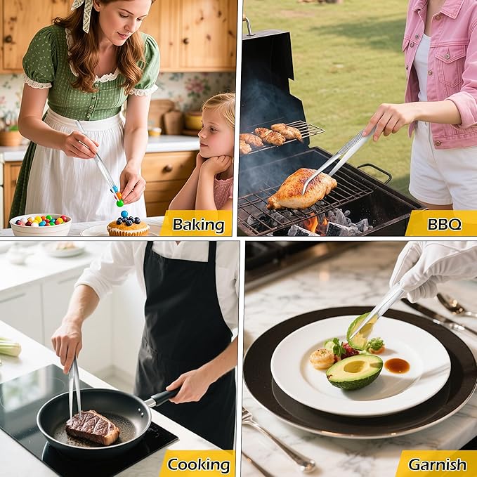 8-Inch Kitchen Tweezers Tongs Stainless Steel Kitchen Tweezers for Cooking Chef Tweezer Professional Skinny Culinary Tongs for Pasta Food Plating BBQ (3PCS)