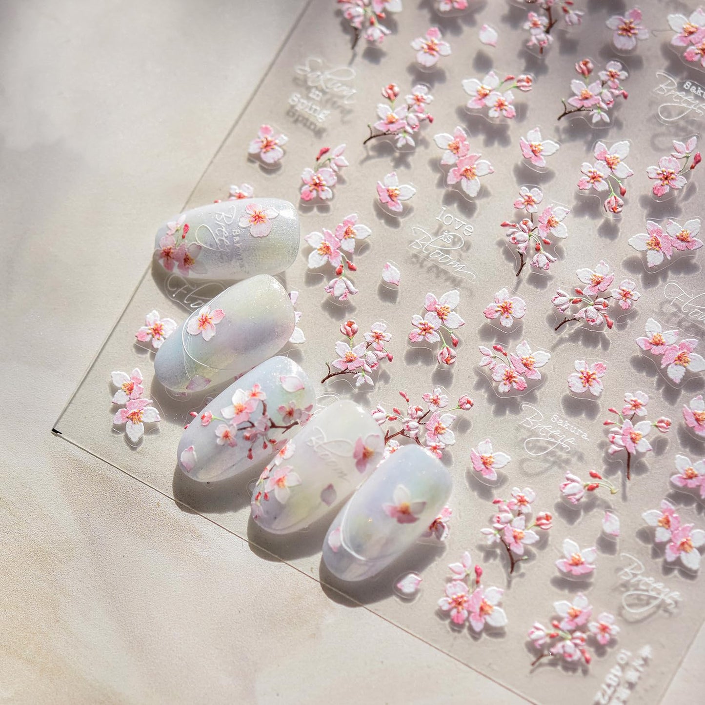 Cherry Blossoms Nail Art Stickers Pink White Flowers Nail Decals for Acrylic Nails 5D Embossed Self-Adhesive Flower Designs Nail Sticker Spring Summer Cute Floral Nail Decal for Women DIY Nail Decor-BrightBean Baby