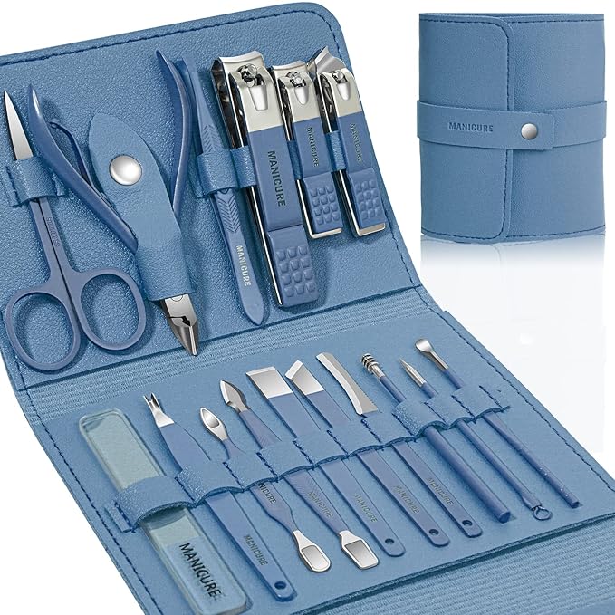 Manicure Set Professional Nail Clippers Pedicure Kit, 16 pcs Stainless Steel Nail Care Tools Grooming Kit with Luxurious Travel Leather Case for Thick Nails Men Women Gift (Blue)-BrightBean Baby