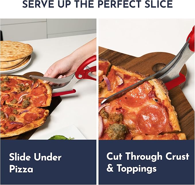 Loftern Red Pizza Scissors - Non-Stick Pizza Scissors with Firm Grip Base - Food Grade Stainless Steel Pizza Cutter - 5-in-1 Food Slicer & Pizza Server - Durable, Safe & Mess Free