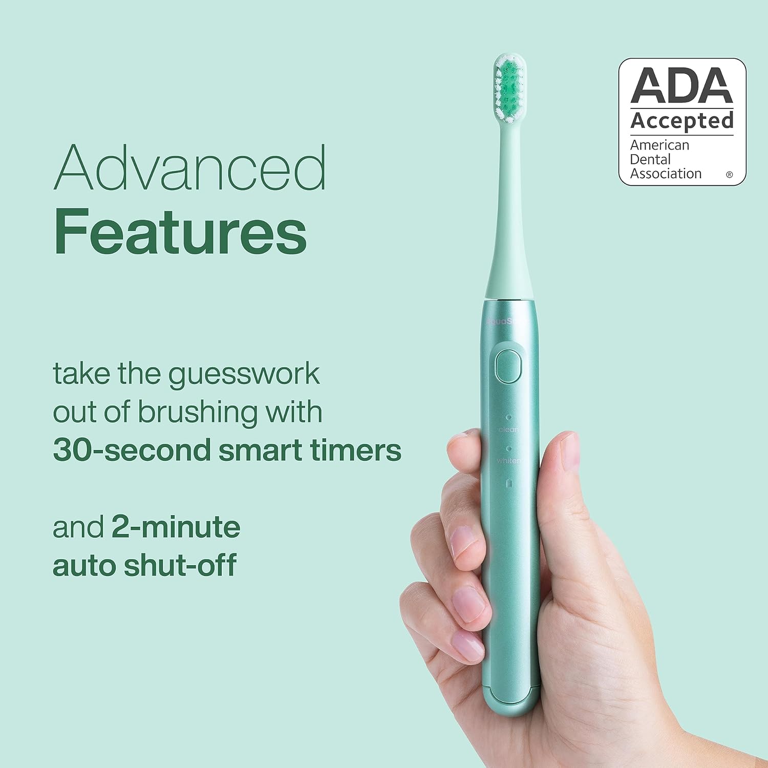 Aquasonic Icon ADA-Accepted Rechargeable Toothbrush | Magnetic Holder & Slim Travel Case | 2 Brushing Modes & Smart Timers | Gentle Micro-Vibrations (Mint)-BrightBean Baby