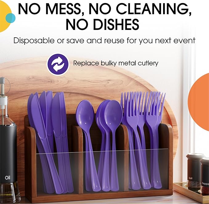 Party Solids Purple Plastic Silverware Heavy Duty 300 Pieces Purple Plastic Cutlery Sets, Utensil Sets, 100 Of Each Forks, Knives & Spoons Disposable Cutlery Set, Flatware Set For Party Supplies