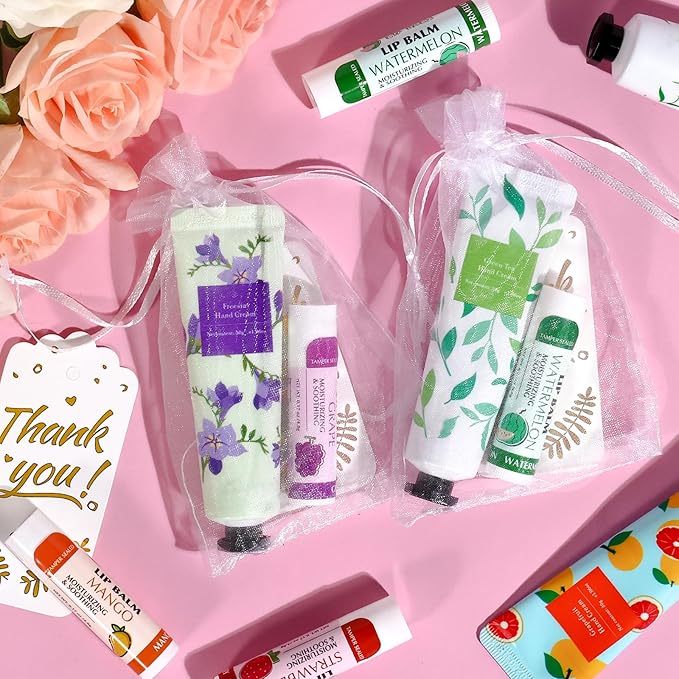 AZEN 100 Sets Hand Cream Bulk and Lip Balm Bulk Set, Bridal Shower Gifts for Guests with Organza Bag Thank You Card, Thank You Gifts for Coworkers Women Men, Bridal Wedding Favors for Guests-BrightBean Baby