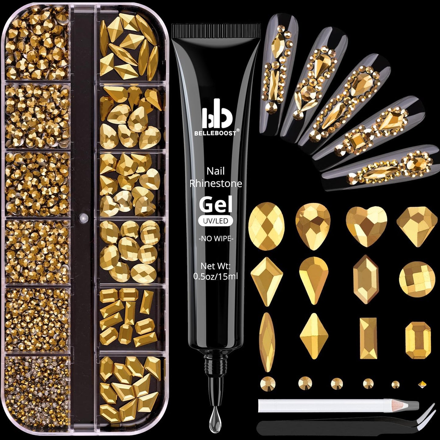 2060Pcs Mineral Gold Glass Nail Rhinestones 60Pcs Multi Shapes Flatback Nail Gems + 2000Pcs 1.5-4mm Round Crystal with Rhinestones Glue Gel, Manicure Nail Charms Diamond Gemstones for Nail Art-BrightBean Baby