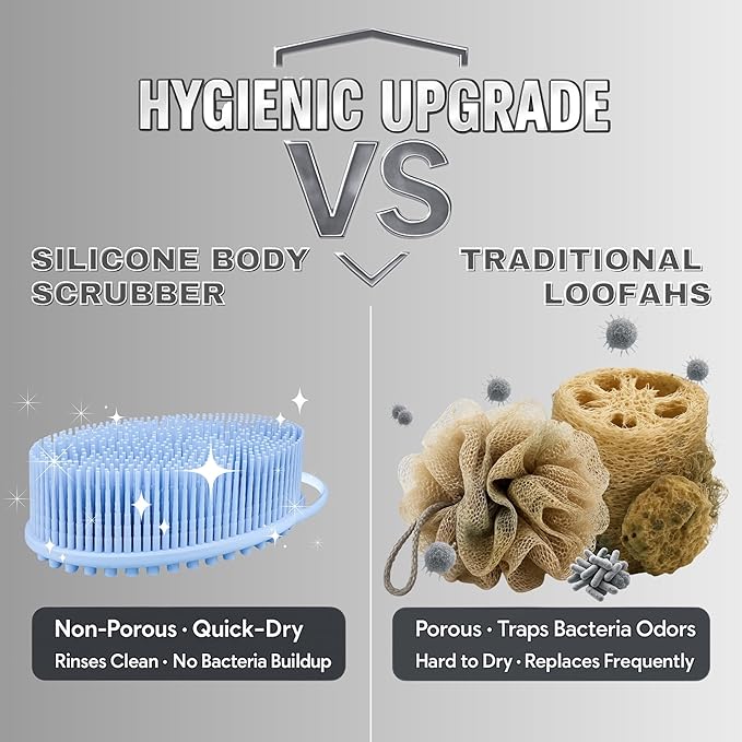 Avilana Silicone Body Scrubber – Gentle Shower Brush & Loofah Alternative- Food Grade & Lab Tested – Fast-Drying, Hygienic, BPA-Free Silicone Body Gentle Exfoliator (Blue, Massage)-BrightBean Baby