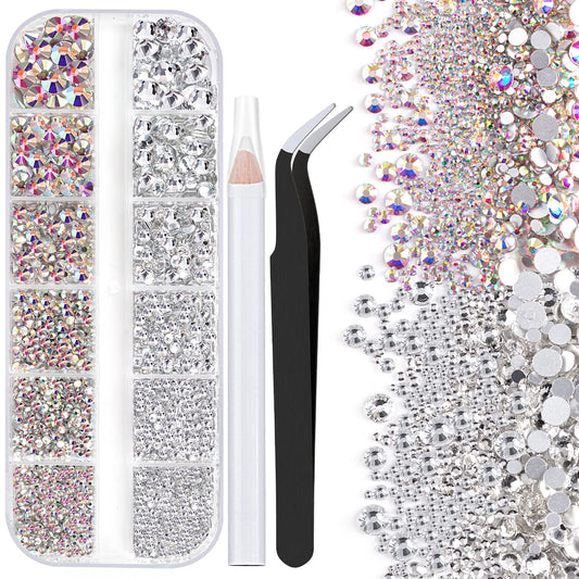 One Pack 2000 Pcs of Flatback Round AB Crystal+Transparent White Clear Rhinestones 6 Sizes (1.5-6 mm) with Nail Art Rhinestone Picker Pencil and Tweezers for DIY and Salon Use-BrightBean Baby