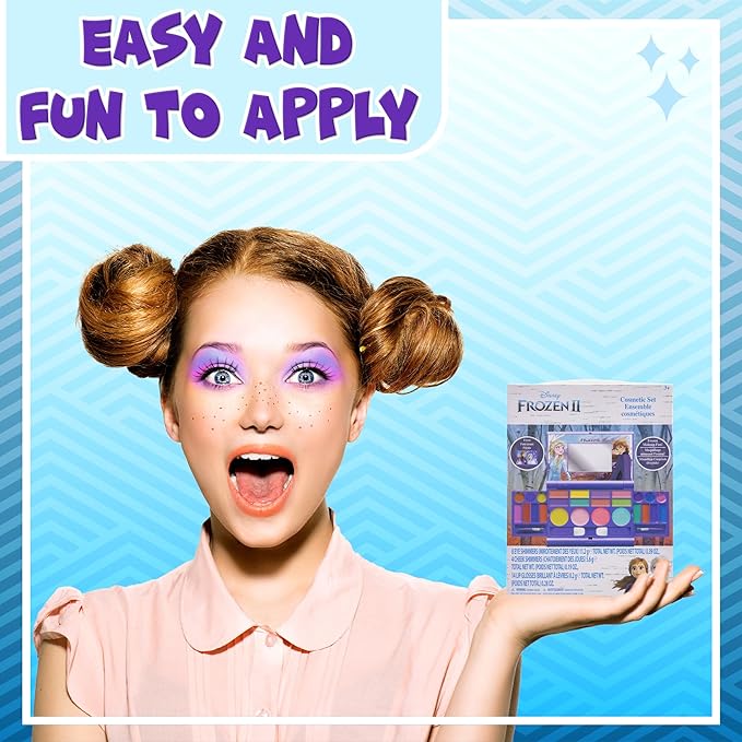 Disney Frozen Elsa Anna Cosmetic Compact Set with Mirror 22 lip glosses, 4 Body Shines, 6 Brushes Colorful Portable Foldable Washable Makeup Beauty Kit Box Set for Girls Kids Toddler-BrightBean Baby