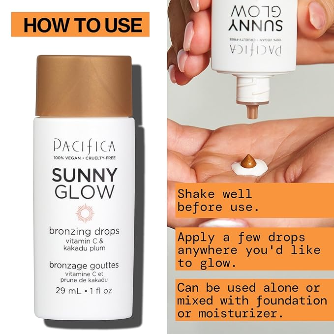 Pacifica Sunny Glow Liquid Face Bronzer Drops - Face Makeup Bronzing For Face & Cheeks for Instant Sun-Kissed Glow - Vitamin C & Glycolic Acid Infused Liquid Bronzer Illuminating Highlighting Clean-BrightBean Baby