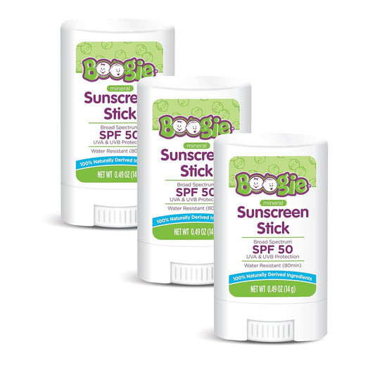 Baby Sunscreen Stick by Boogie Block, Mineral Sunscreen SPF 50, Travel Size Sunblock for Kids, Zinc Oxide, Water Resistant, Vegan, Fragrance Free Pack of 3-BrightBean Baby