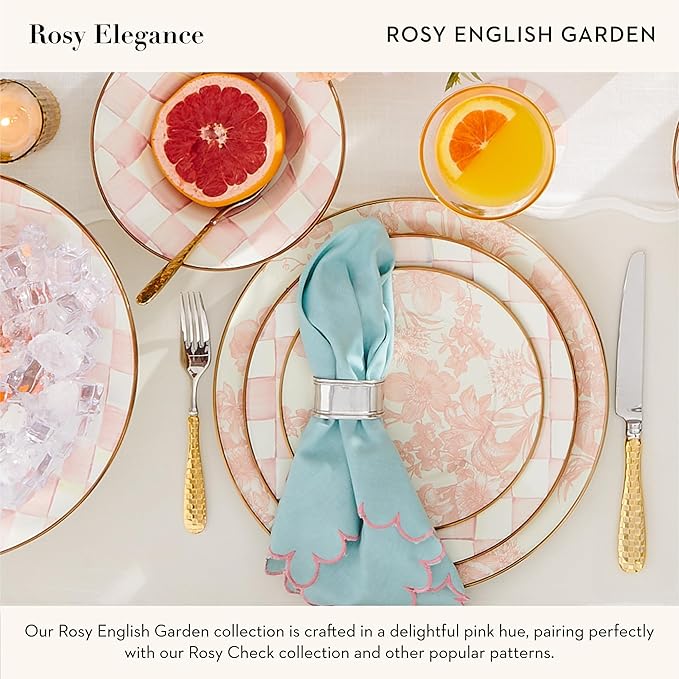 MACKENZIE-CHILDS Enamel Salad and Dessert Plate, Small Plate for Appetizers or Desserts, 8 Inches, Pink-and-White Rosy English Garden