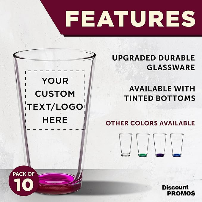 Custom Arc Pint Glass 16 oz. Set of 10, Personalized Bulk Pack - Beer Glasses, Heavy Duty Drinkware - Pink