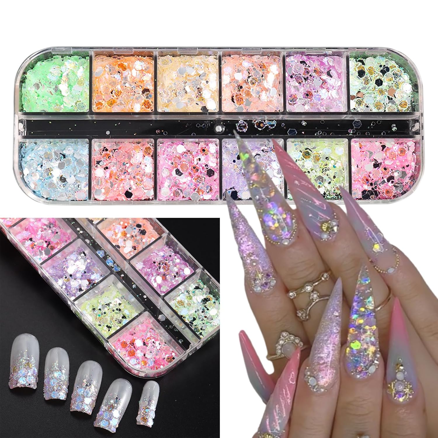 12 Grids Colorful Mermaid Nail Sequin Holographic Nail Art Glitter,Iridescent Nail Art Flake Glitter Decals Glass Paper Design Nail Accessories Acrylic Nails for Women Make Up DIY Nail Decoration-BrightBean Baby
