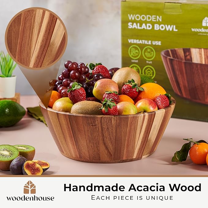 Woodenhouse Wooden Salad Bowl, Salad Bowl, Wooden Bowl - 12" Round Design Fruit Bowl, Handmade, Durable and Stylish Natural Wood Dining Accessory