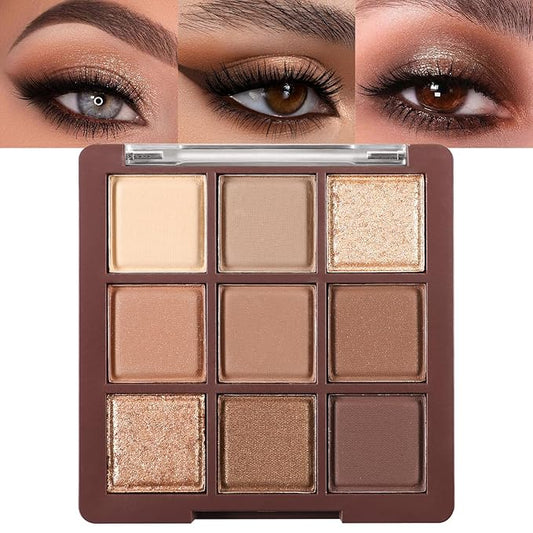 Erinde 9 Colors Eyeshadow Palette, Matte Shimmer Glitter Eye Shadow Palette Makeup, Highly Pigmented Long Lasting Waterproof, Natural Neutral Nude Eyeshadow Makeup Pallet, Chocolate Brown-BrightBean Baby