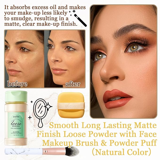 Lightweight Setting Powder,Waterproof Oil Control Translucent Face Powder,Smooth Long Lasting Matte Finish Loose Powder with Face Makeup Brush & Powder Puff（Natural Color）-BrightBean Baby