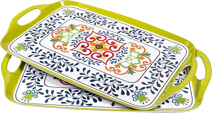 Large Serving Platter with Handles,19”x12”Large Rectangular Melamine Serving Tray Set of 2, Kitchen Food and BBQ Serving Platter, Talavera Grilling Prep and Serve Tray, Dishwasher Safe