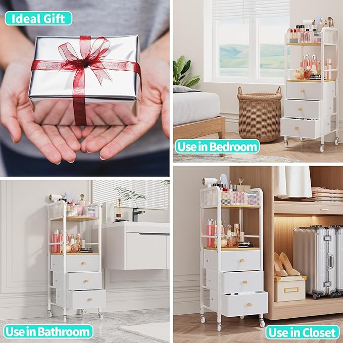 HapiRm Rolling Makeup Cart Organizer - Floor Skincare Make Up Storage with 3 Drawers, Vanity Organizer Cosmetic Display Cases Holder for Skin Care Perfume Nail Polish Brush Hair Tool-BrightBean Baby