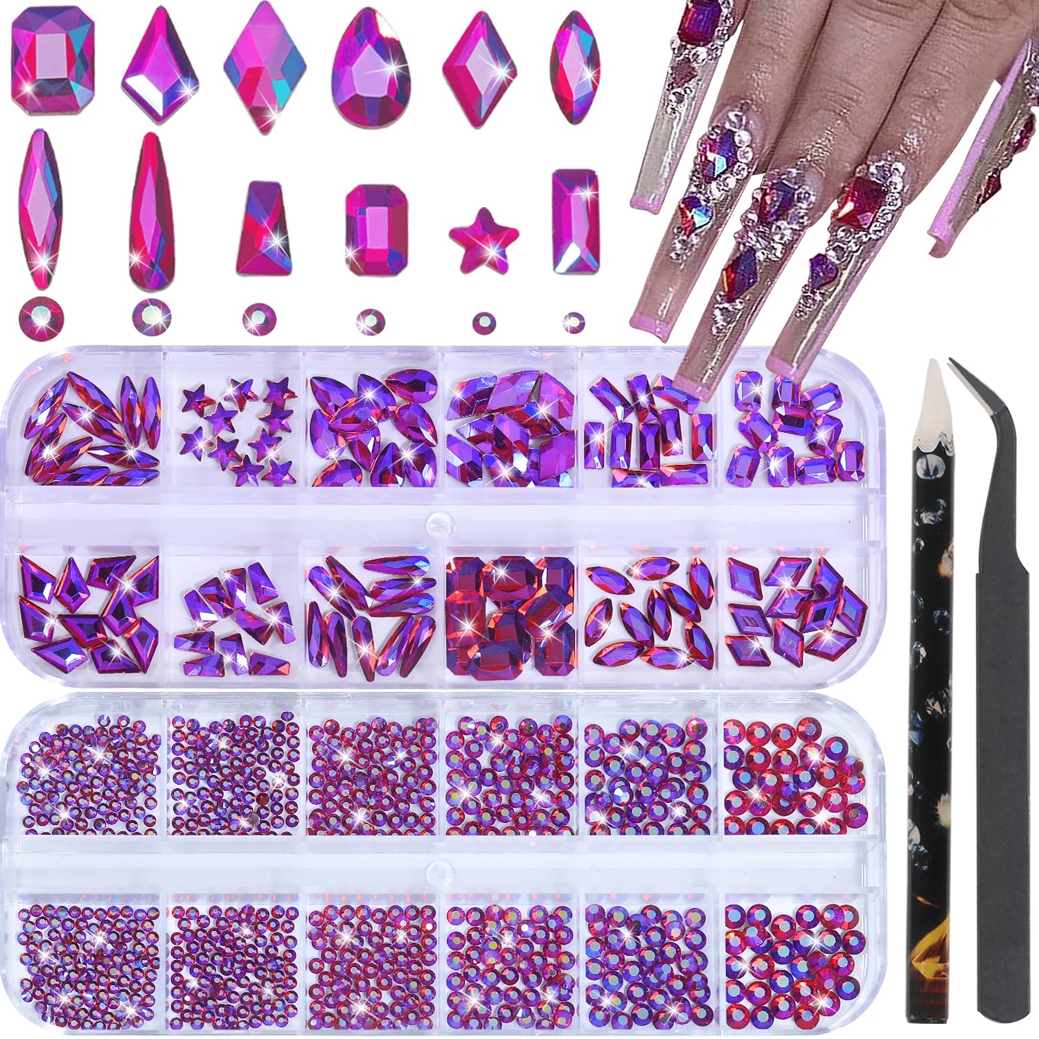HNUIX Nail Rhinestones - 3D Multi Shape Size, Crystal AB Red Nail Gems, Flat Back, with Kit, for Nail Art, DIY Decorations-BrightBean Baby
