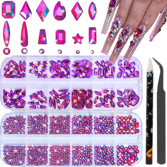 HNUIX Nail Rhinestones - 3D Multi Shape Size, Crystal AB Red Nail Gems, Flat Back, with Kit, for Nail Art, DIY Decorations-BrightBean Baby