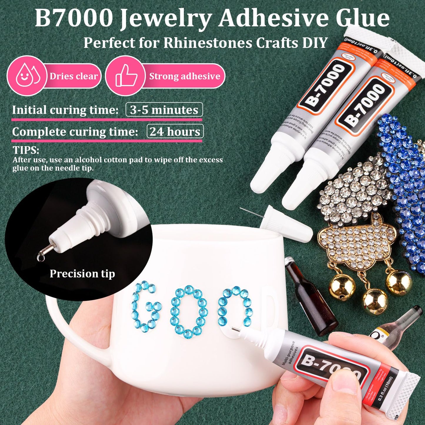 Resin Rhinestones for Crafting with B7000 Jewelry Glue, 1 Box Indicolite Flatback Crystals with 3Pcs 10ml Glue for Bedazzling Crafts DIY Nail Art Makeup，Non Hotfix Gems for Clothing Shoes-BrightBean Baby