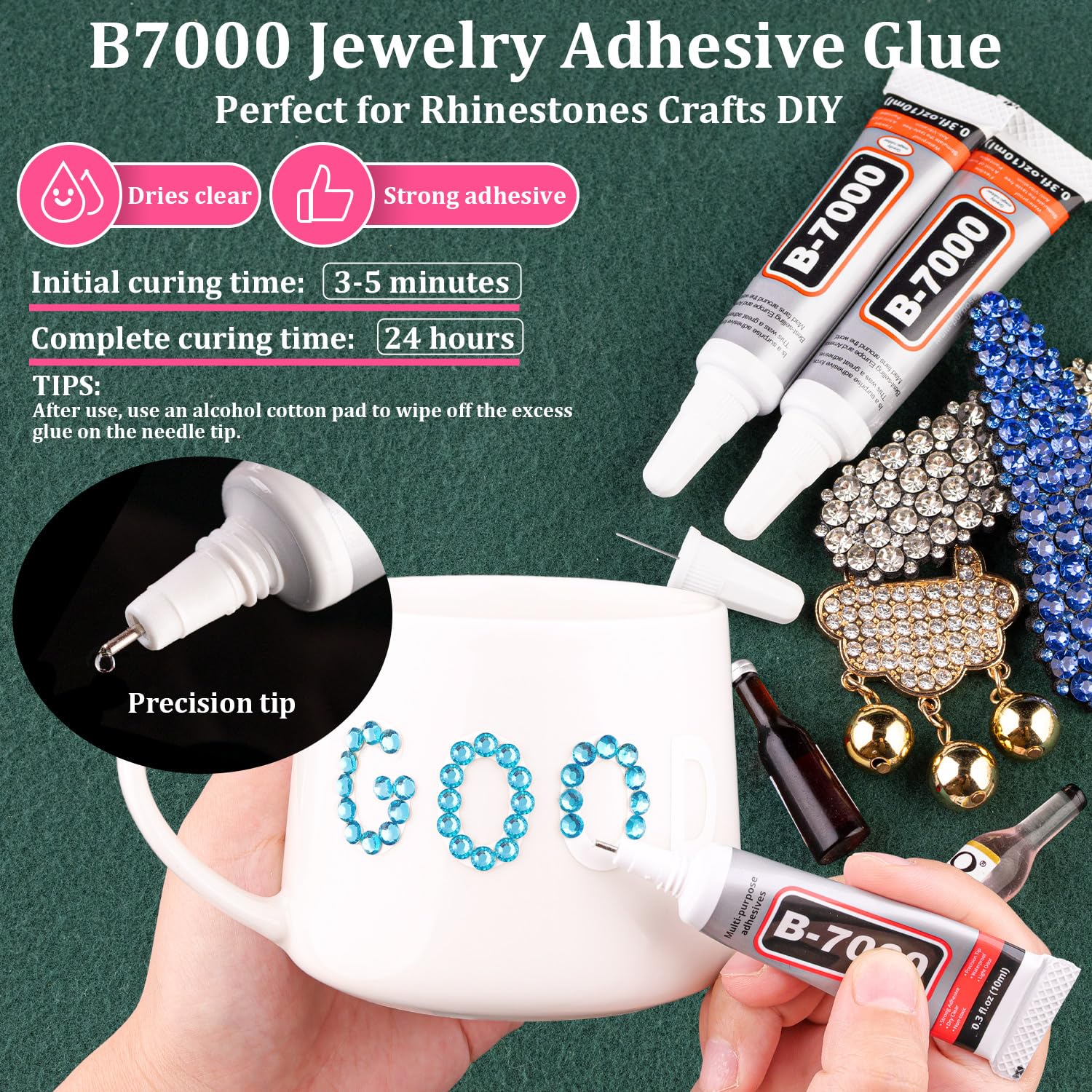 Resin Rhinestones for Crafting with B7000 Jewelry Glue, 2 Boxes Indicolite Flatback Crystals with 3Pcs 10ml Glue for Bedazzling Crafts DIY Nail Art Makeup，Non Hotfix Gems for Clothing Shoes-BrightBean Baby