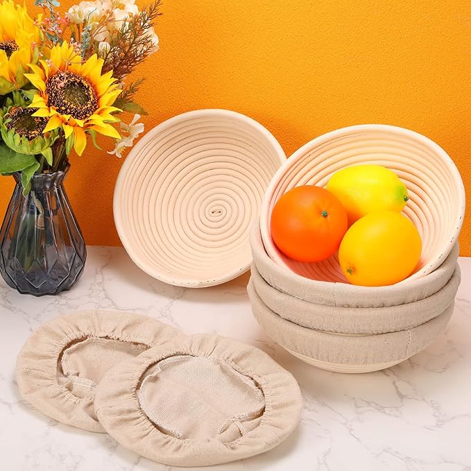 Set of 6 Bread Proofing Basket Round Bread Banneton Sourdough Bread Kit with Cloth Liner Plastic Scraper Dough Proofing Bowls for Home Sourdough Bakers Bread Making Supplies (9 Inch)