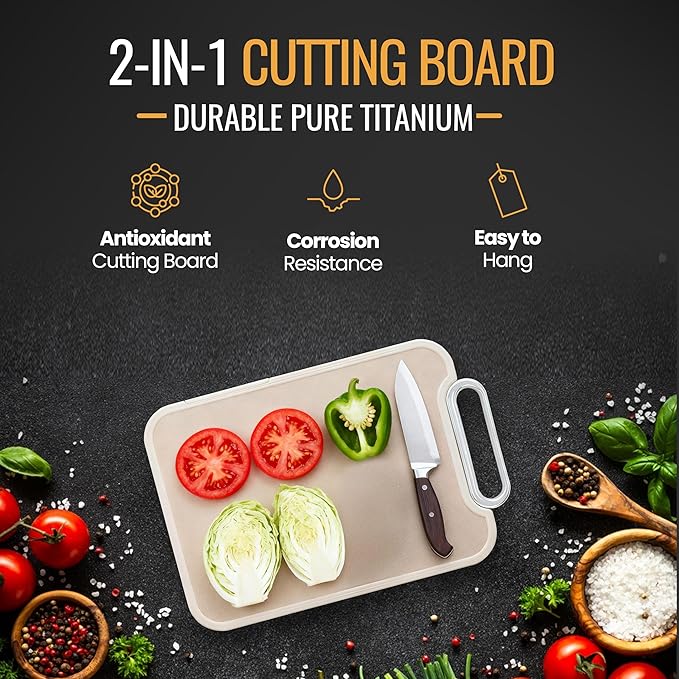 Titanium Cutting Board for Kitchen – Dual-Sided Pure Titanium & PP Surface, Non-Slip, Rust-Proof, Odor Resistant, Dishwasher Safe Premium Chopping Board for Meat & Vegetables