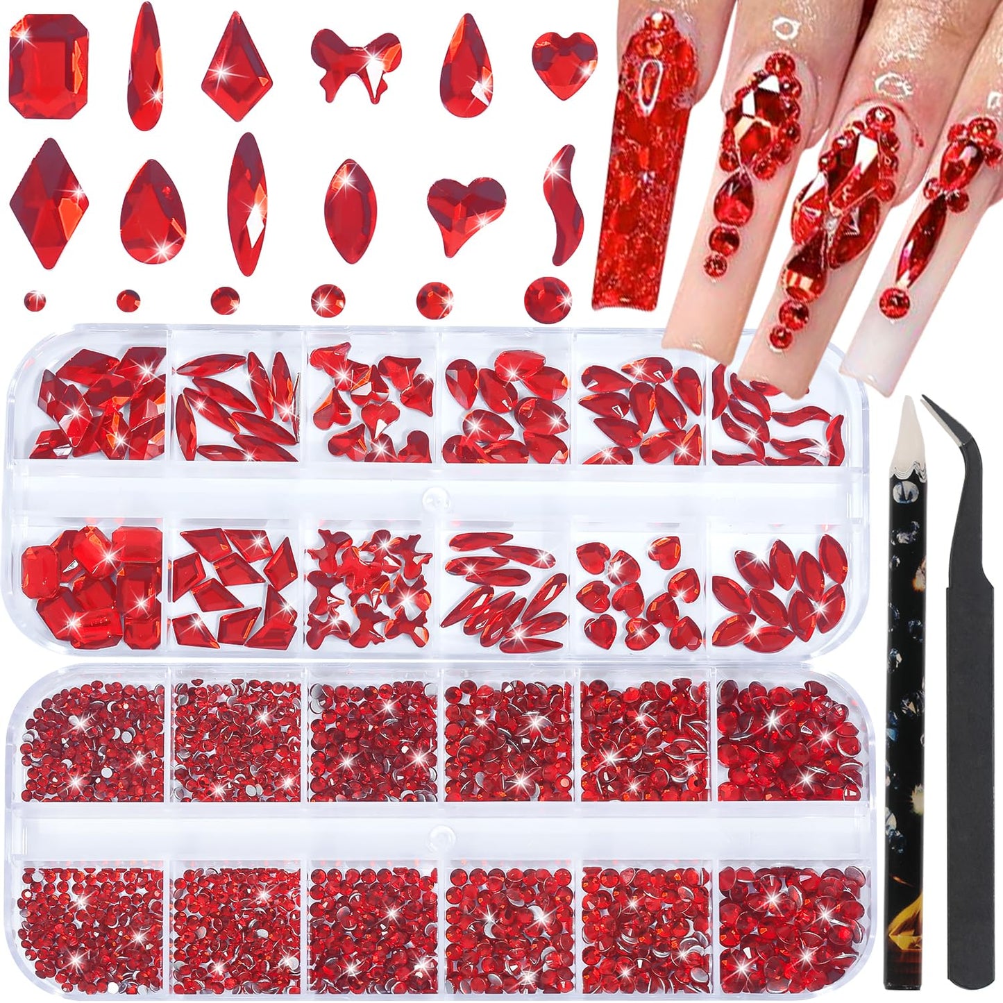 HNUIX Nail Rhinestones - 3D Multi Shape Size, Red Nail Gems, Flat Back, with Kit, for Nail Art, DIY Decorations-BrightBean Baby