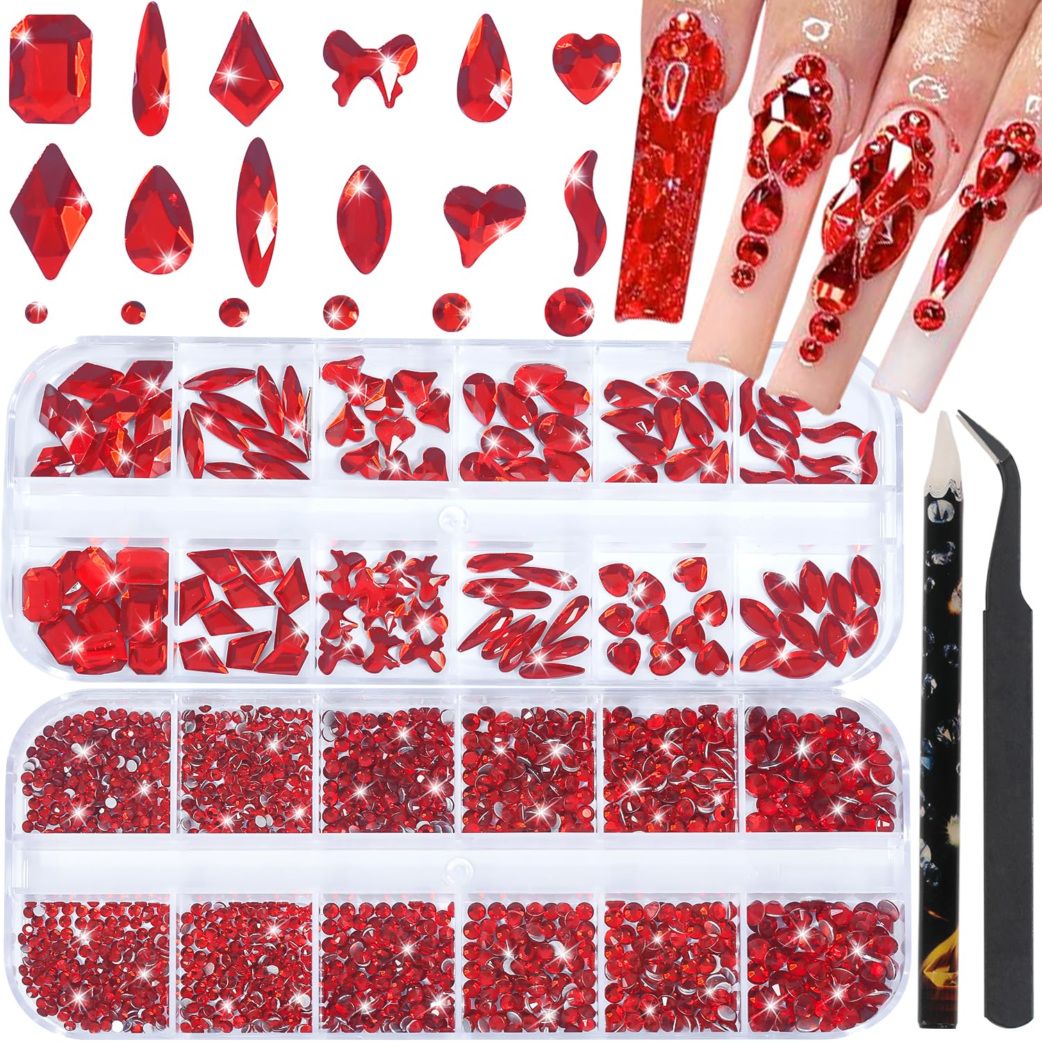HNUIX Nail Rhinestones - 3D Multi Shape Size, Red Nail Gems, Flat Back, with Kit, for Nail Art, DIY Decorations-BrightBean Baby