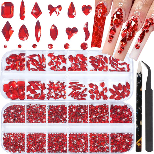 HNUIX Nail Rhinestones - 3D Multi Shape Size, Red Nail Gems, Flat Back, with Kit, for Nail Art, DIY Decorations-BrightBean Baby