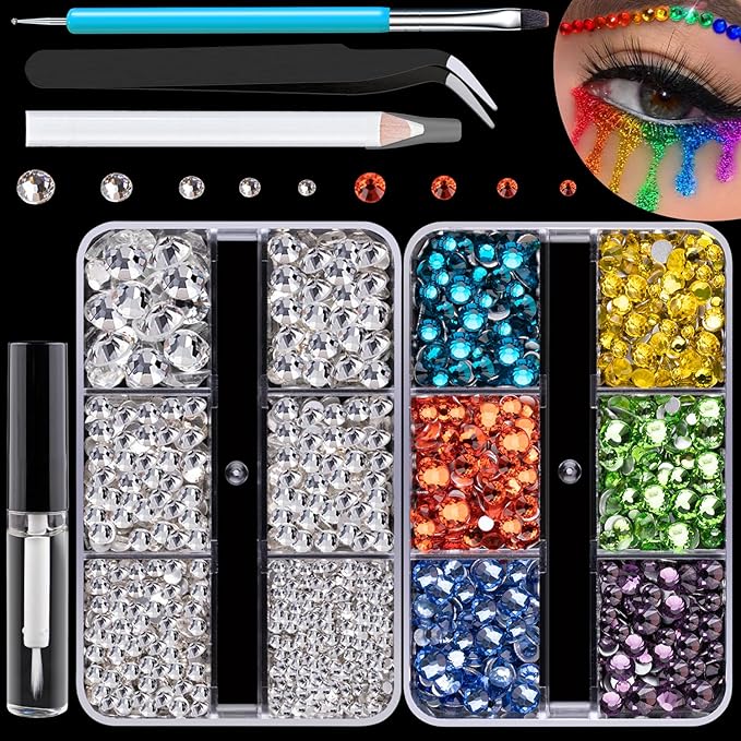 Colorful Face Gems for Makeup Set, Flatback Gorgeous Clear Glass Gem, Mixed-Colored Crystals with Makeup Glue+Picker Pencil+Tweezer+Dual-End Dotting Tool for Eye Body Hair Make-up and Nail Art Deco-BrightBean Baby