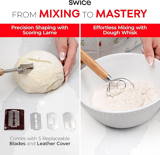 Swice Bread Proofing Basket Set, 9-Inch Round & 10-Inch Oval Banneton Sourdough Starter Kit with Lame, Dough Scraper, Linen Liner, and Basting Brush, Complete Bread Making Supplies and Tools