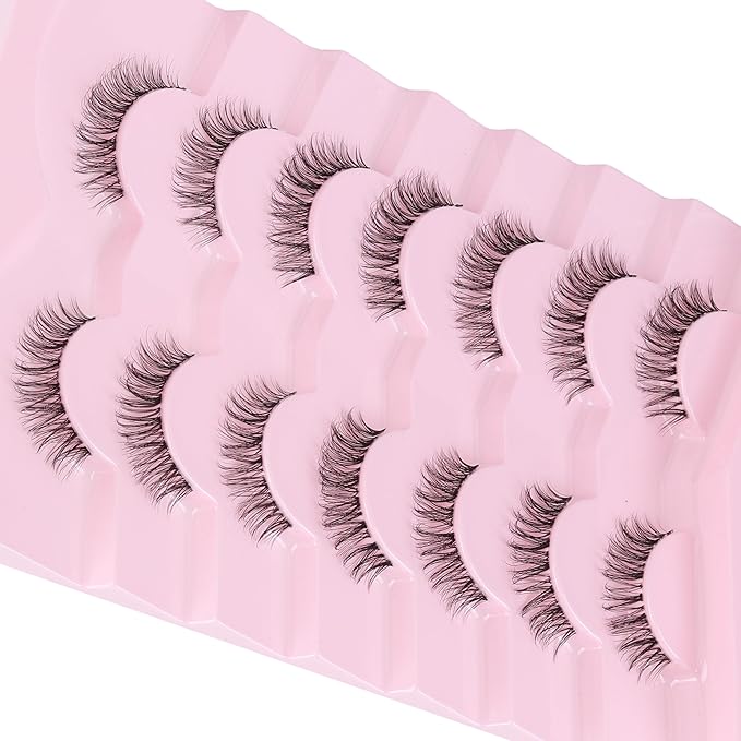 Natural Lashes False 11mm Short Eyelashes Wispy C Curl Eye Lashes Pack with Thin Cotton Band Fake Eyelash 3D Volume For Daily Siligli Lash 7 Pair-BrightBean Baby