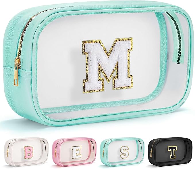 YOOLIFE Initial Make Up Bag Travel Toiletry Bag, Clear Makeup Bags Preppy Cosmetic Bags Organizer Travel Essentials Gifts for Women Teen Girlfriend Teacher Mom Birthday Girl Gift Makeup Case Blue M-BrightBean Baby